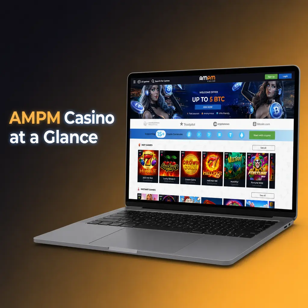 AMPM Casino overview table showing license, games, payment options, and support details for US players
