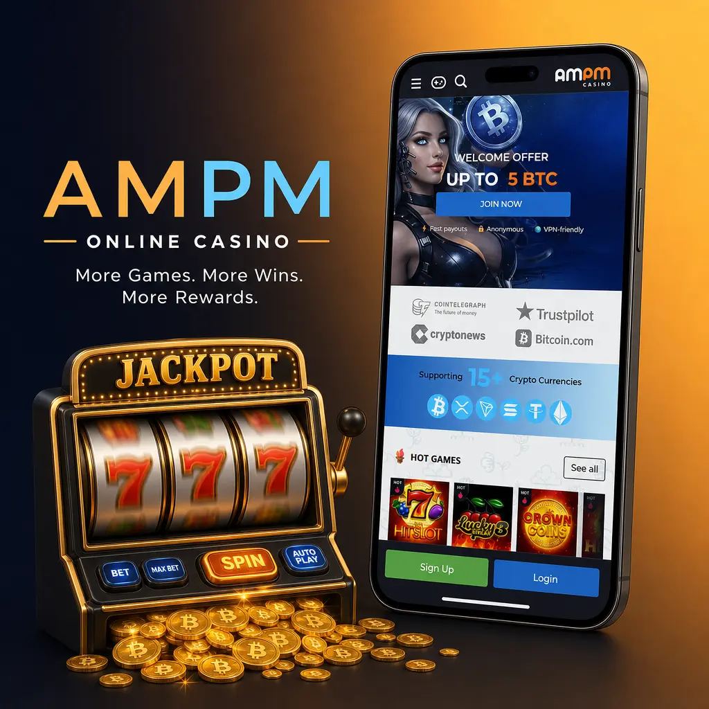 AMPM Casino app lobby showing category bar, search field, and game grid with slots, table games, and live casino titles