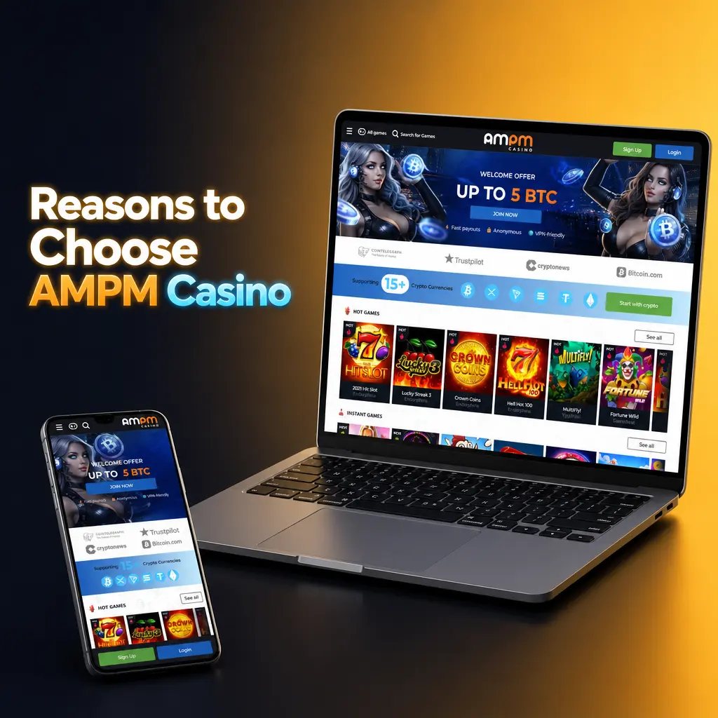 AMPM Casino licensed platform showing crypto payment options, sportsbook markets, and mobile app access for US players