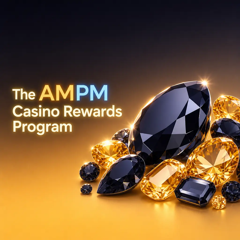AMPM Casino rewards program showing welcome bonus package and weekly promotions table for slots, sportsbook, and crypto deposits.